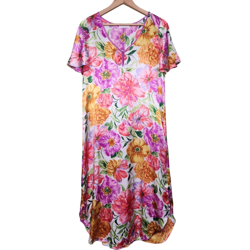 Vintage Miss Elaine Floral Maxi Gown Medium Satin Tropical Spring Summer Purple